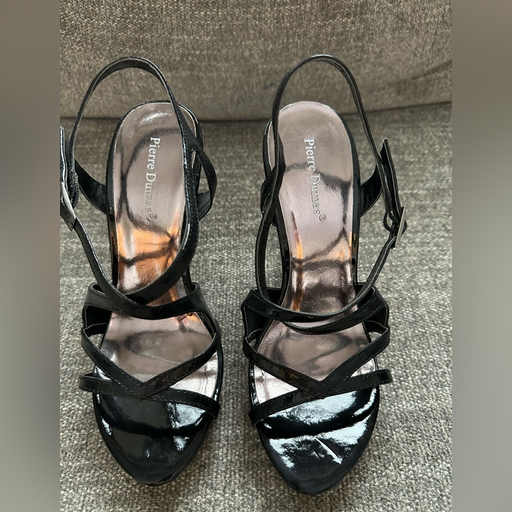 PIERRE DUMAS Ladies Size 7 1/2 M Black Patent Leather High Heel Strappy …